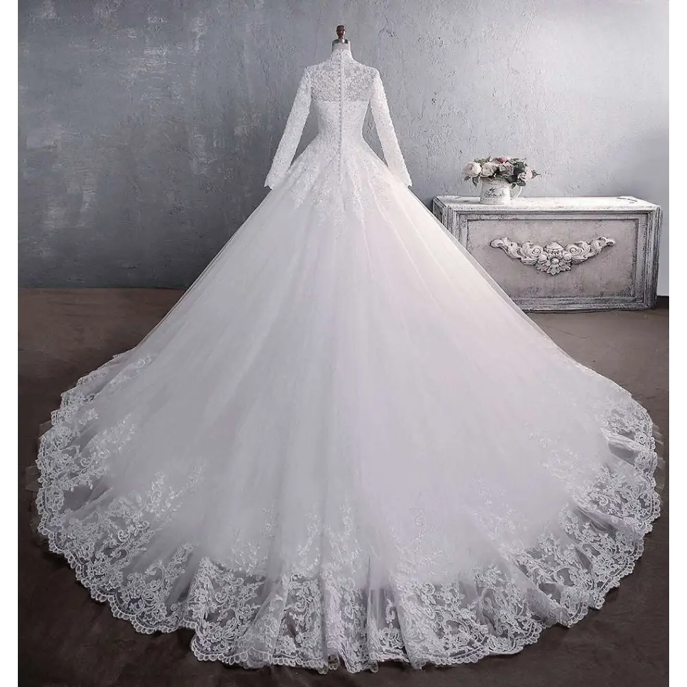Long Sleeve Lace Wedding Dress with Large Train