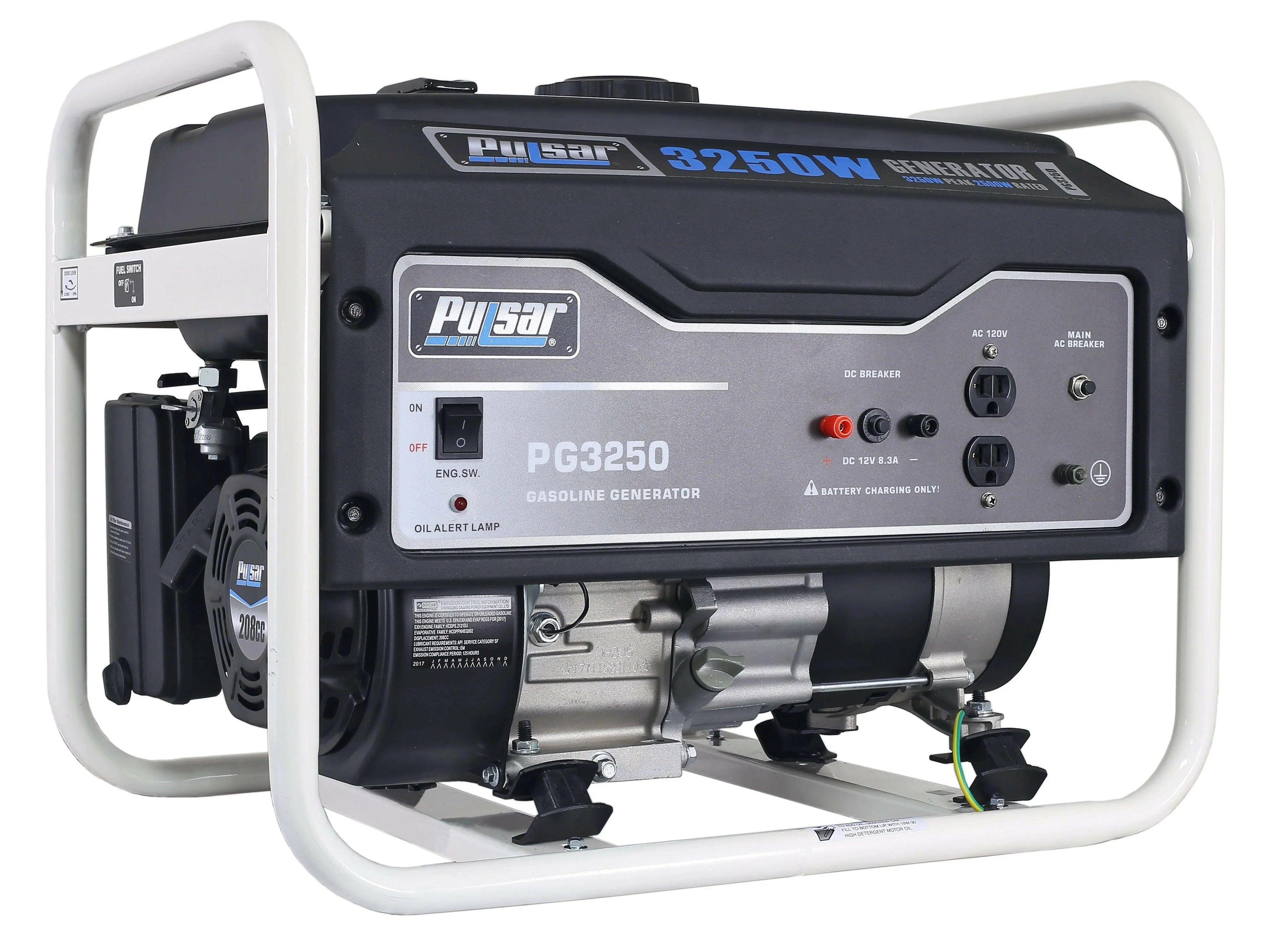 Pulsar 3250W Portable Gas Powered Generator, 2500 Running Watts, 4-Gallon Fuel Tank