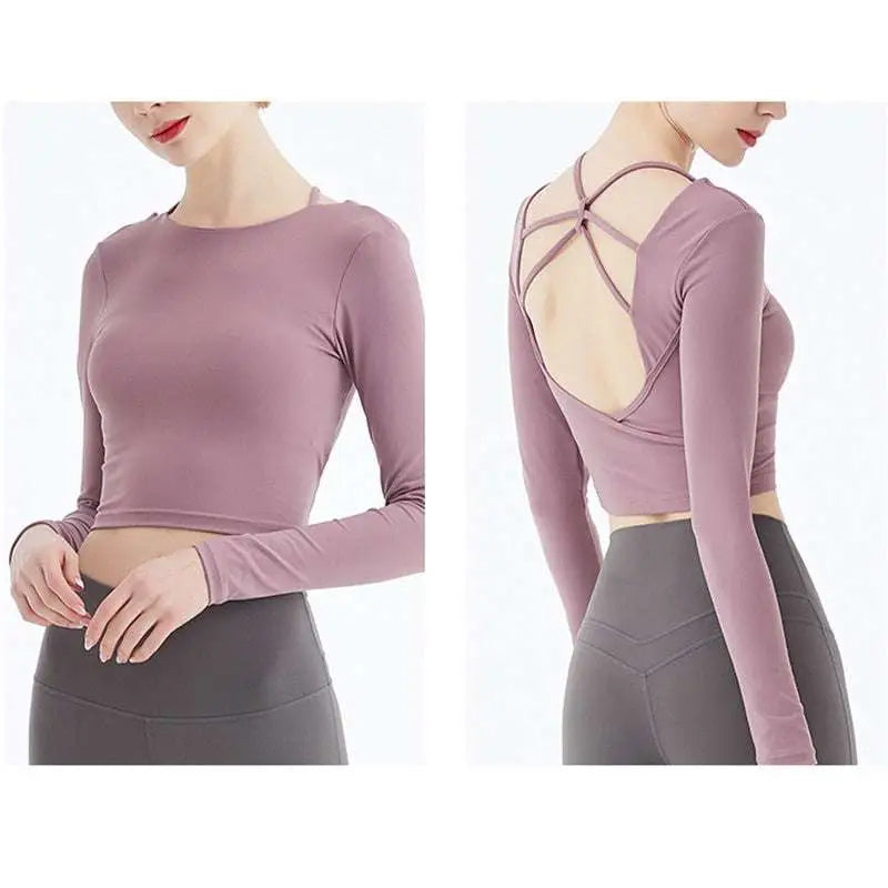 Mauve Crisscross Strap Long Sleeve Yoga Crop Top