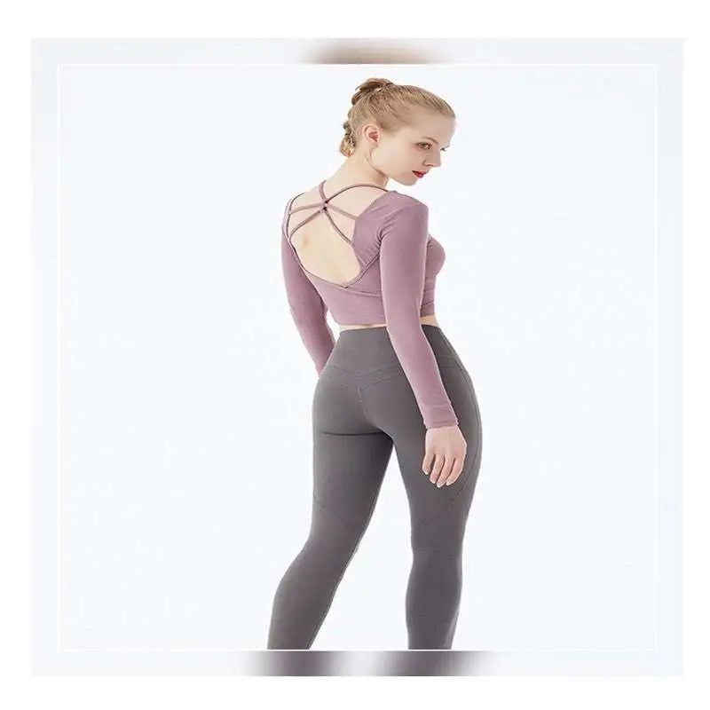 Mauve Crisscross Strap Long Sleeve Yoga Crop Top