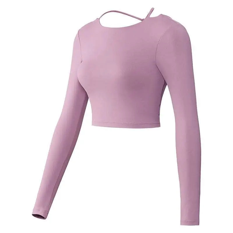 Mauve Crisscross Strap Long Sleeve Yoga Crop Top
