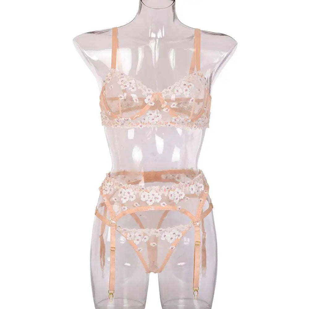Mini Flowers Steel Ring Embroidery Lingerie Set
