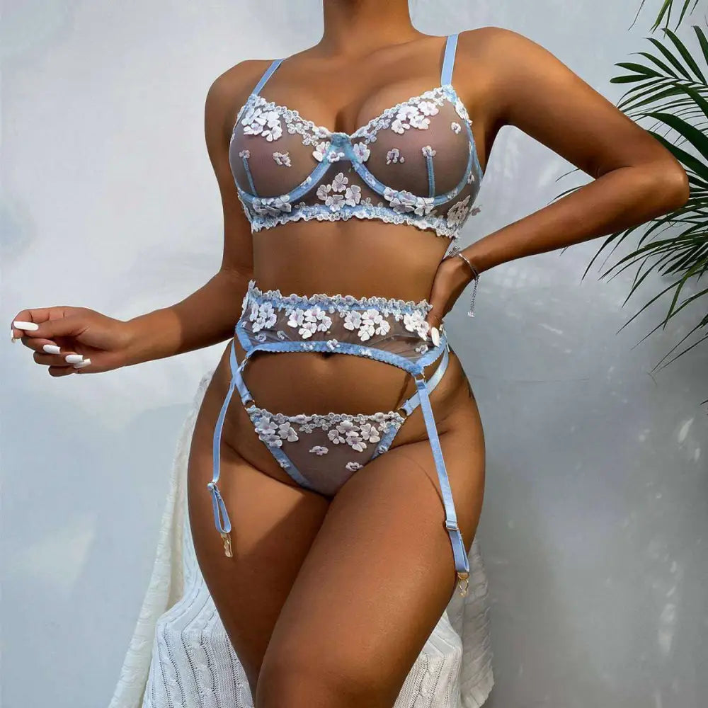 Mini Flowers Steel Ring Embroidery Lingerie Set