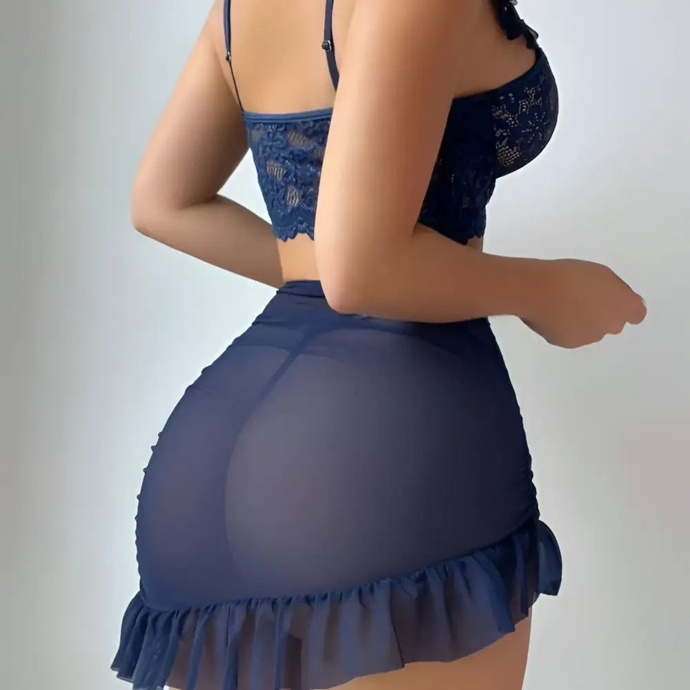 Navy Blue Lace Bra and Sheer Mesh Sexy Skirt Set