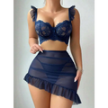 Navy Blue Lace Bra and Sheer Mesh Sexy Skirt Set