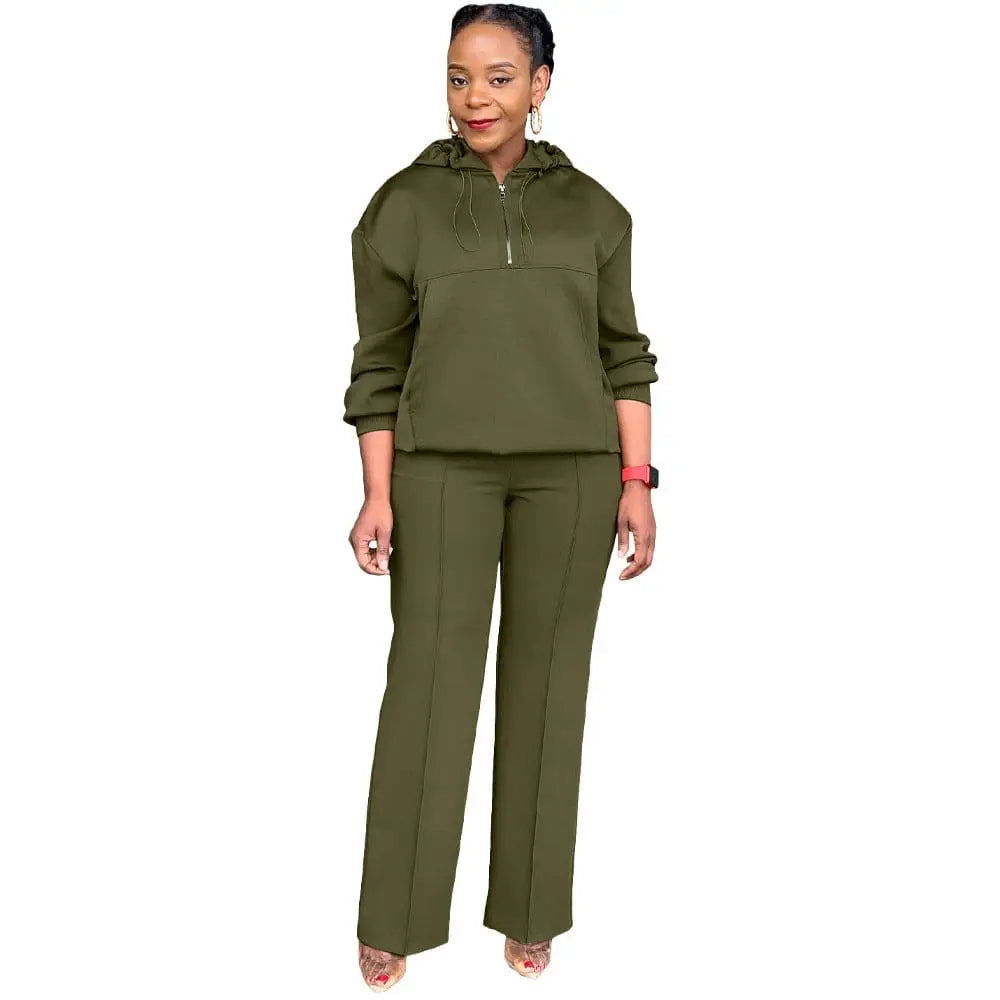 Olive Green Solid Color Loose Hooded Sweatsuit