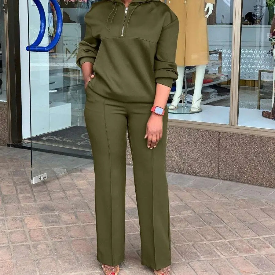 Olive Green Solid Color Loose Hooded Sweatsuit