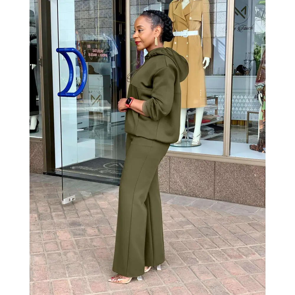 Olive Green Solid Color Loose Hooded Sweatsuit