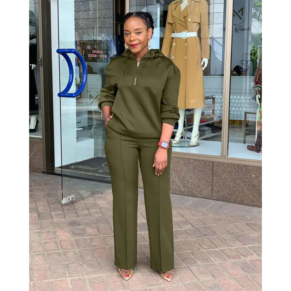 Olive Green Solid Color Loose Hooded Sweatsuit