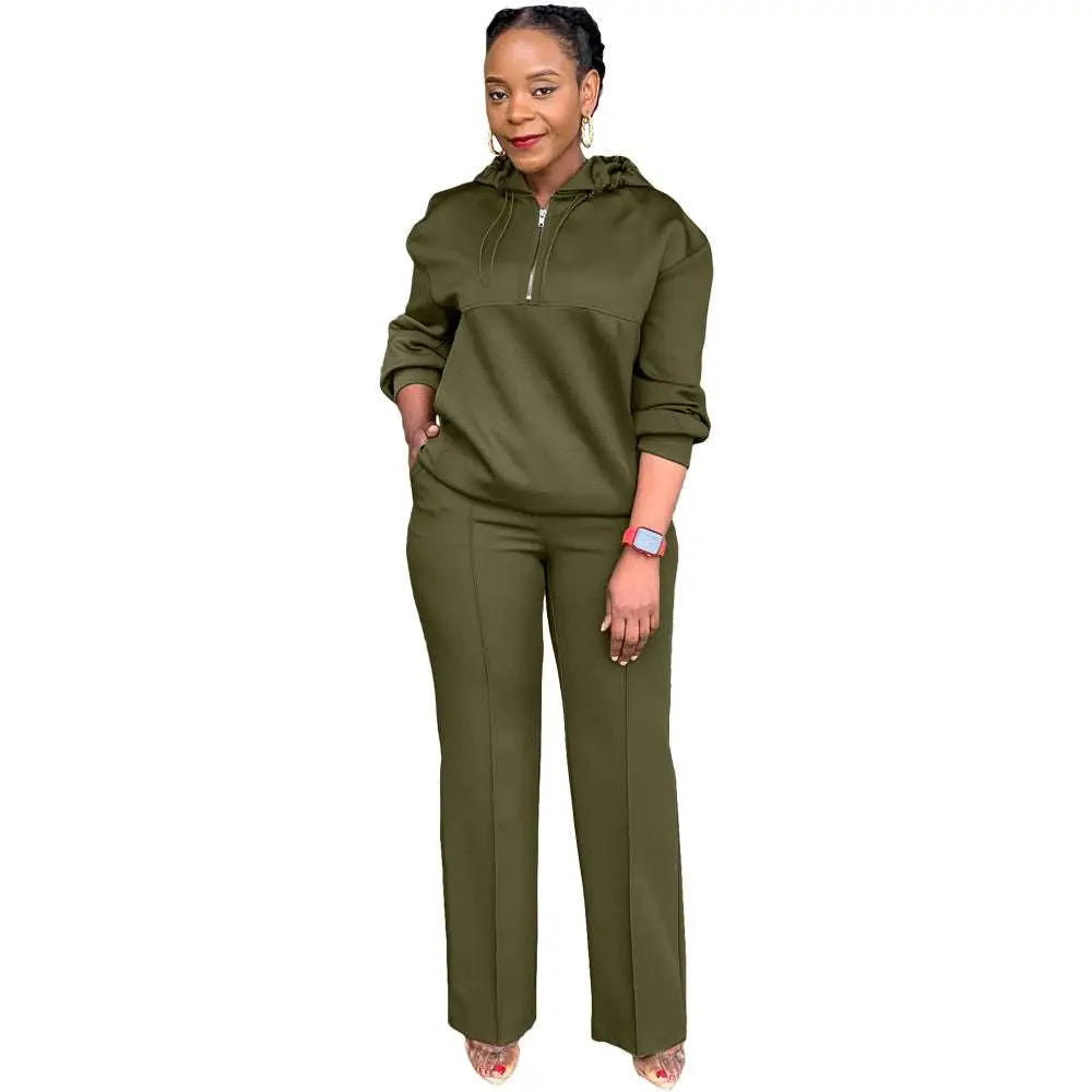 Olive Green Solid Color Loose Hooded Sweatsuit