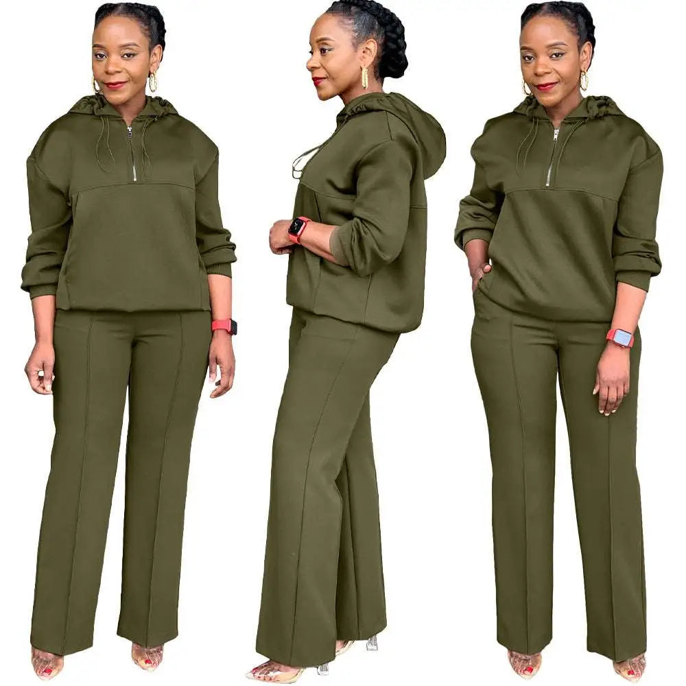 Olive Green Solid Color Loose Hooded Sweatsuit