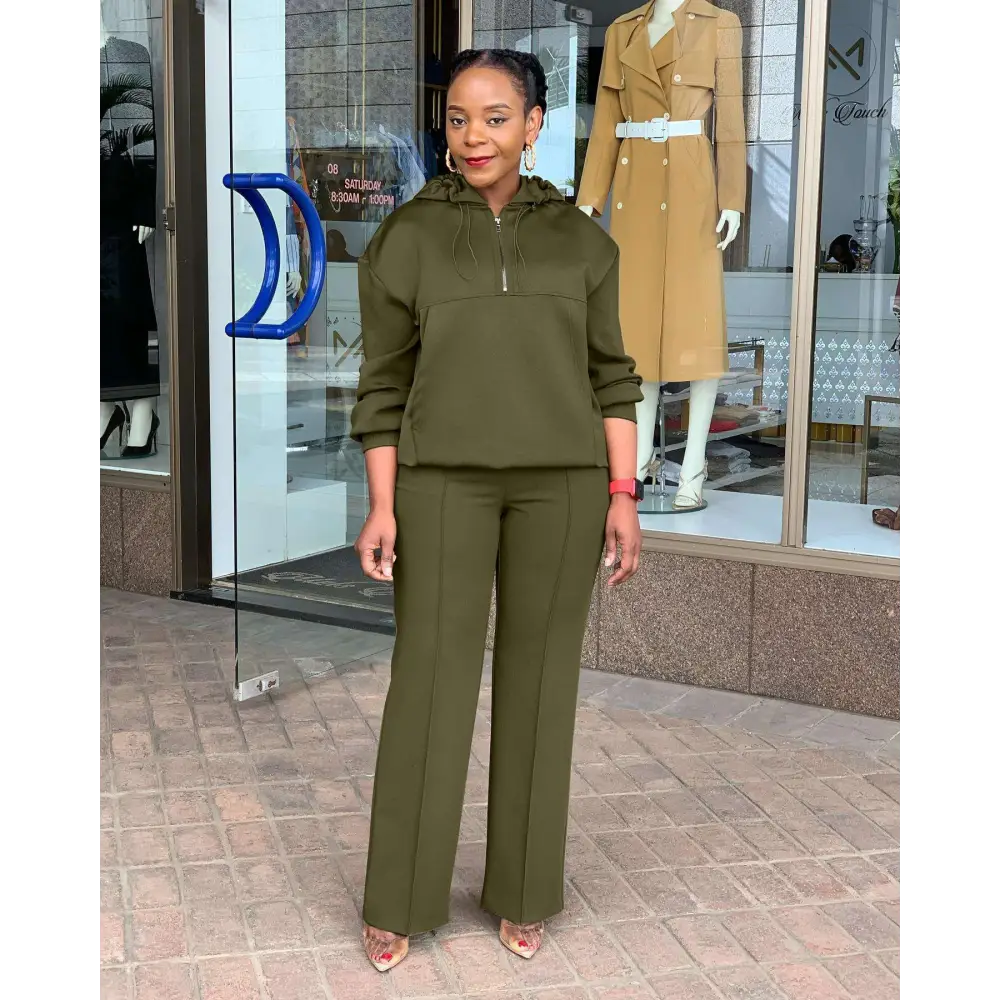 Olive Green Solid Color Loose Hooded Sweatsuit