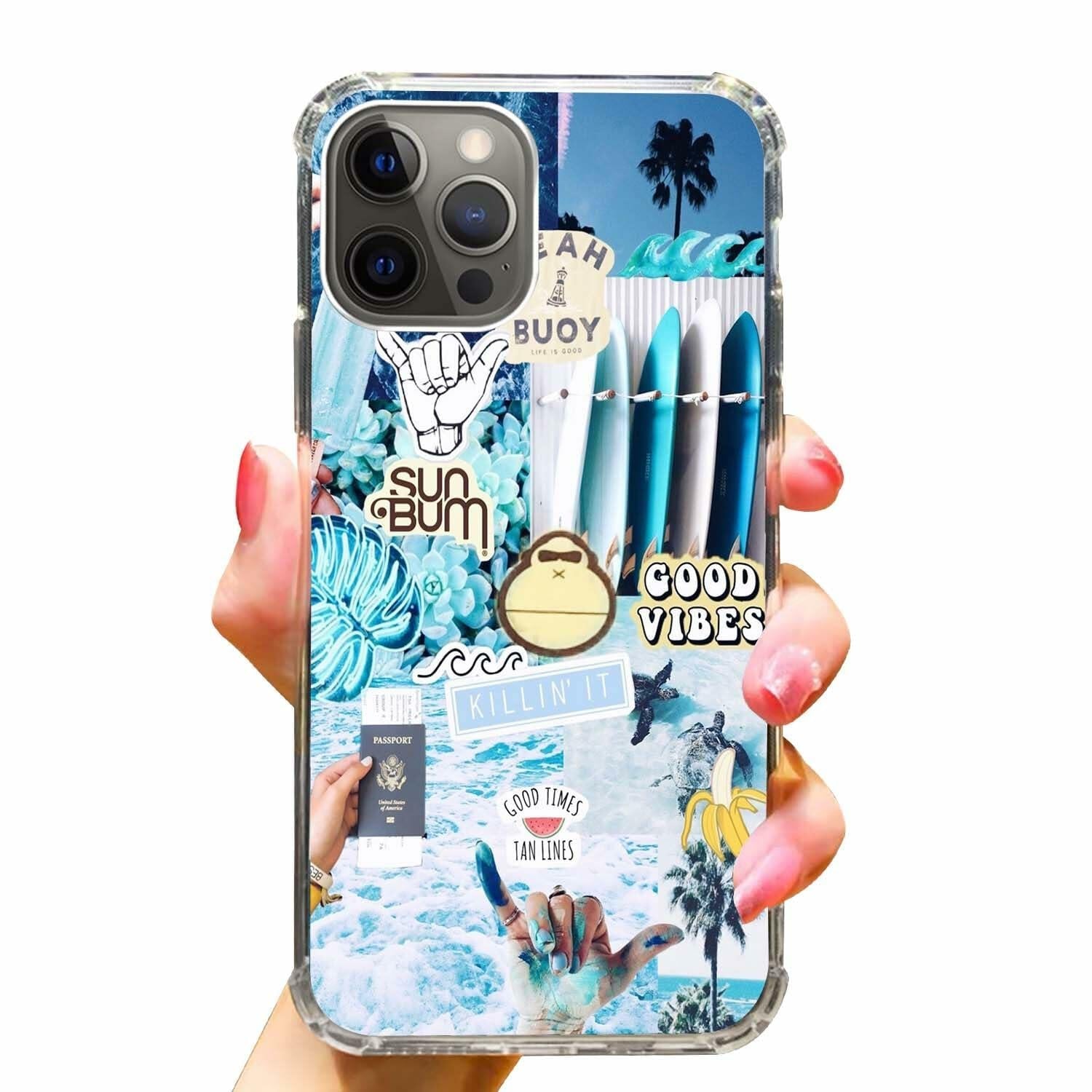 Rewput iPhone 15 Pro Case Blue TPU Bumper Cover Good Vibes Collage