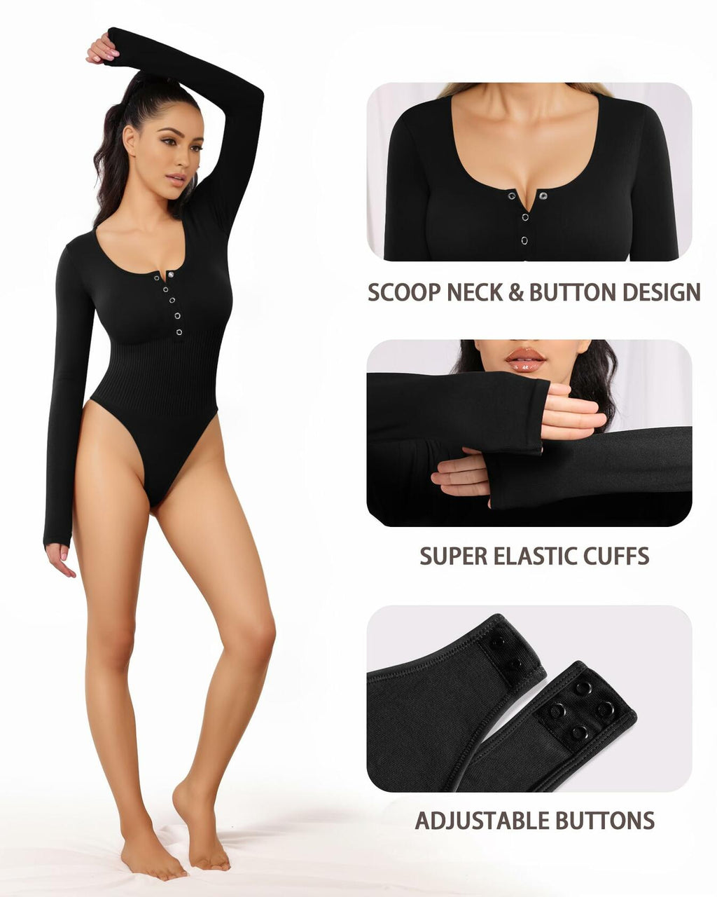 MANGOPOP Ribbed Long Sleeve Bodysuit Thong Seamless Tummy Control Black Size M