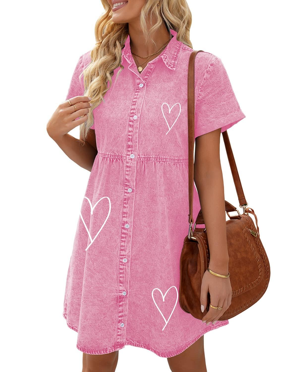 LookbookStore Pink Heart Love Print Babydoll Jean Dress Pink XS Size