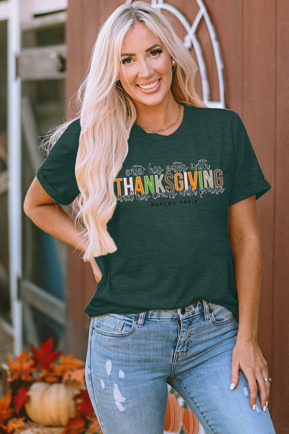 ELDPS Women's Thanksgiving Shirt Casual Fall Top Thankful Tee - Medium