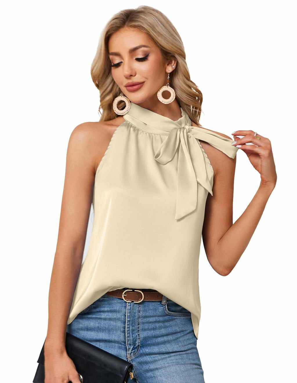 Women Summer Sleeveless Tank Top Tie Bow Mock Neck Apricot Size XL