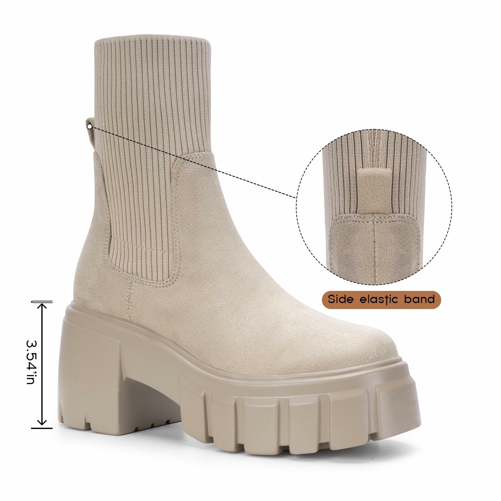 FITORY Women's Chelsea Ankle Boots Tan Size 11 Lightweight Chunky Heel