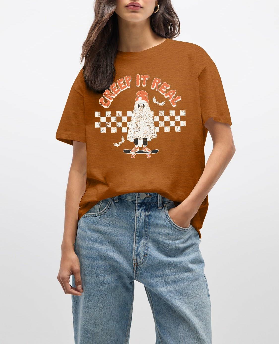 HQP Halloween Ghost T-Shirt Women Brown Graphic Fall Top Spooky Skateboard