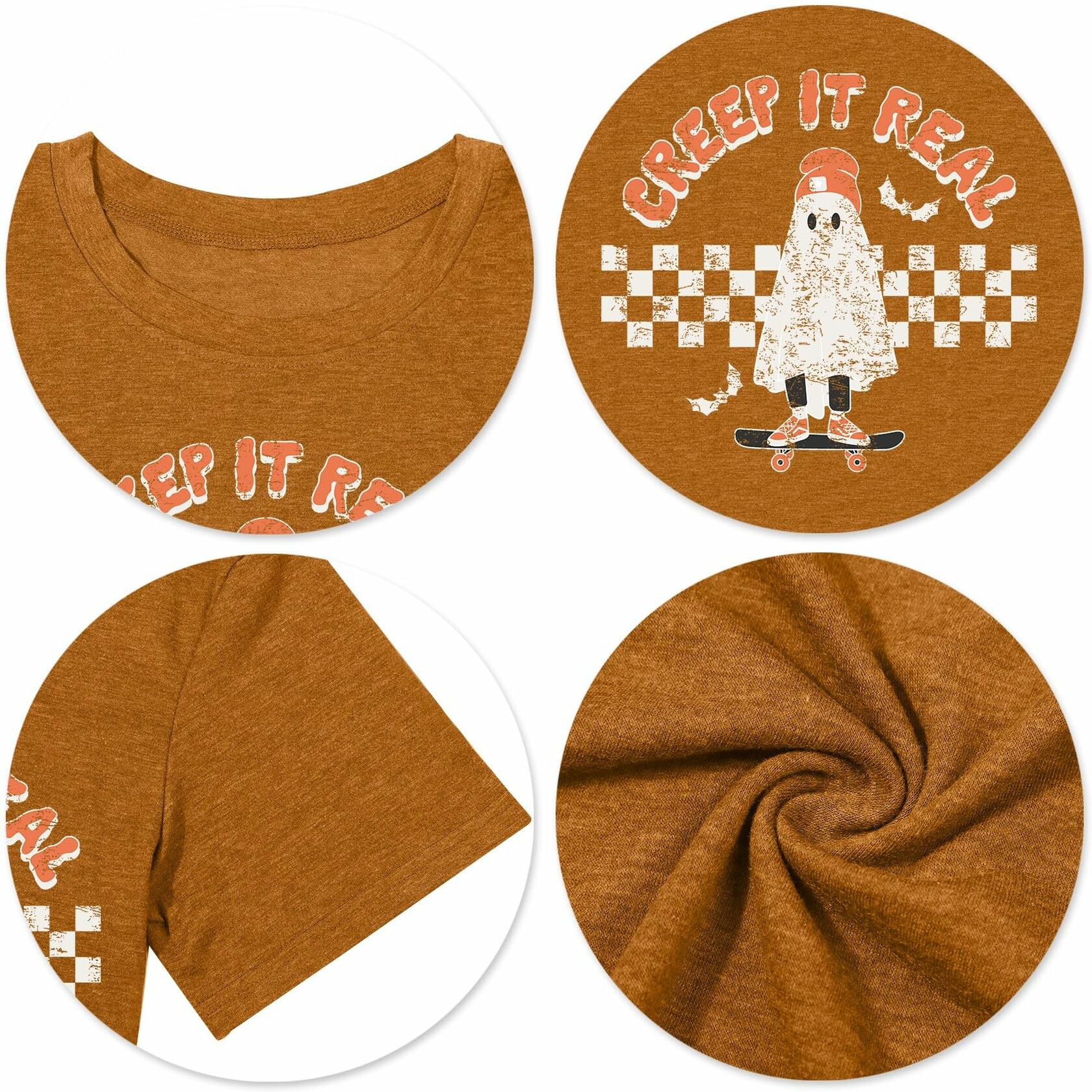HQP Halloween Ghost Women's Brown Graphic Fall T-Shirt Top Spooky Skateboard