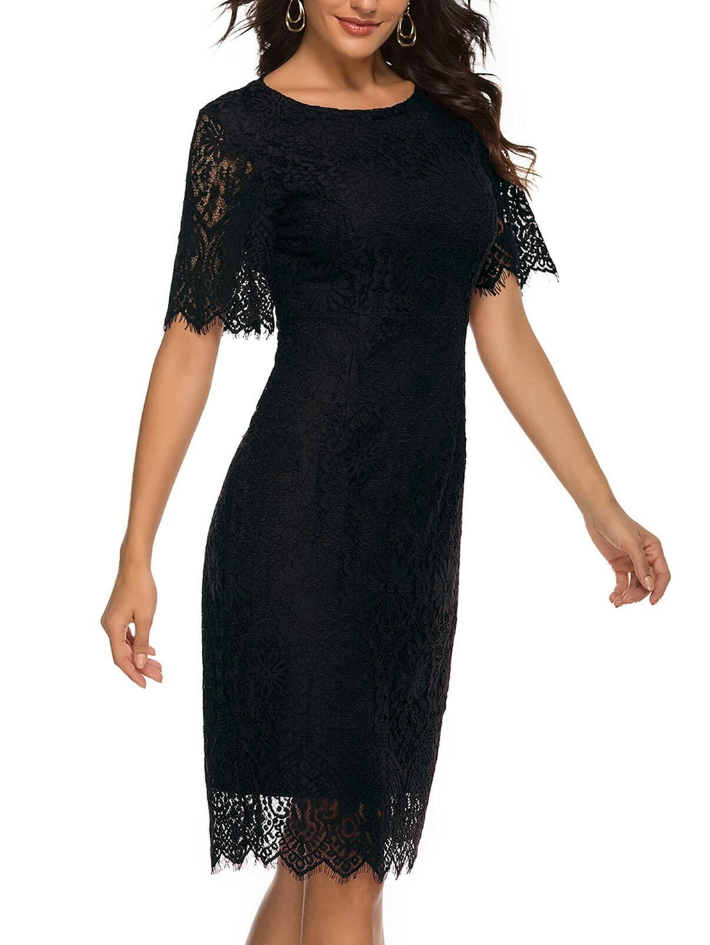 MEROKEETY Women's Short Sleeve Lace Floral Cocktail Dress Crew Neck Size S