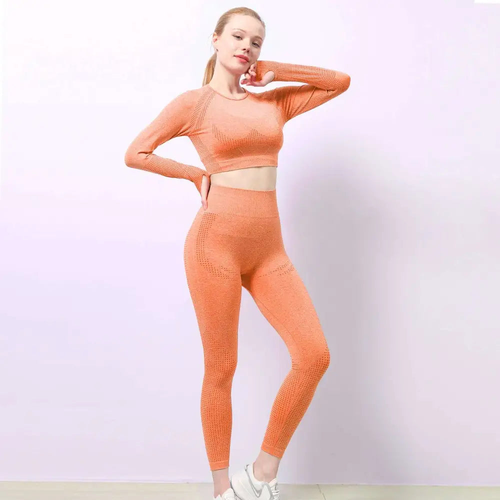Orange Jacquard Seamless Yoga Two Piece Set