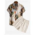 Orange Palm Print Short Sleeve Beach Shirt Suit