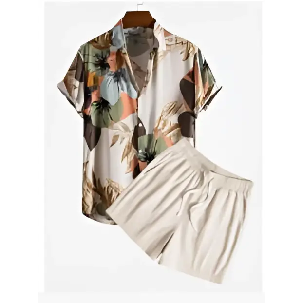 Orange Palm Print Short Sleeve Beach Shirt Suit