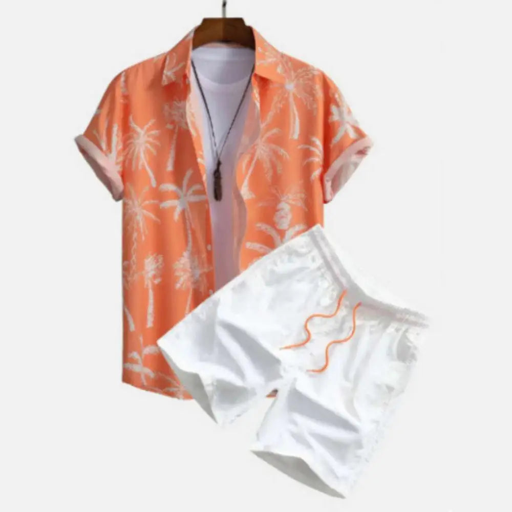 Orange Palm Print Short Sleeve Beach Shirt Suit