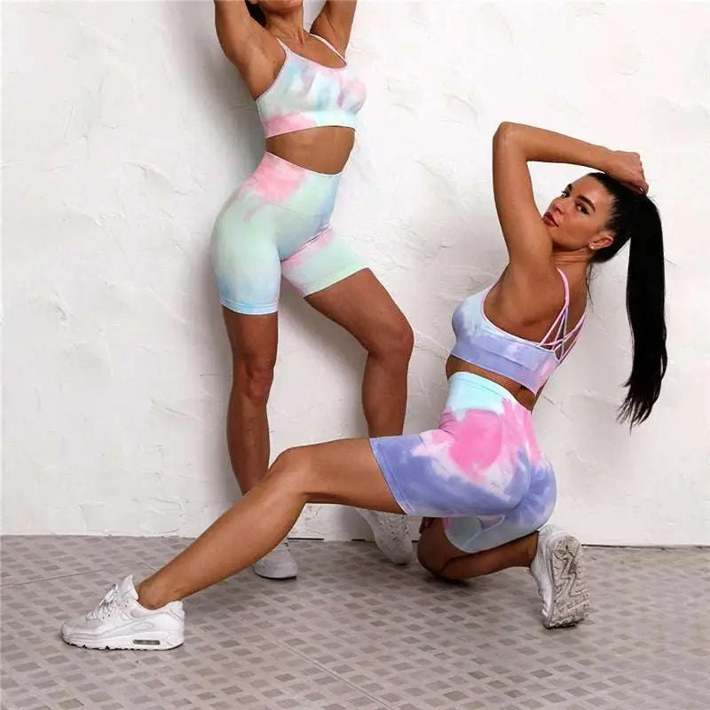 Pastel Tie Dye Crop Bra and Shorts Workout Set