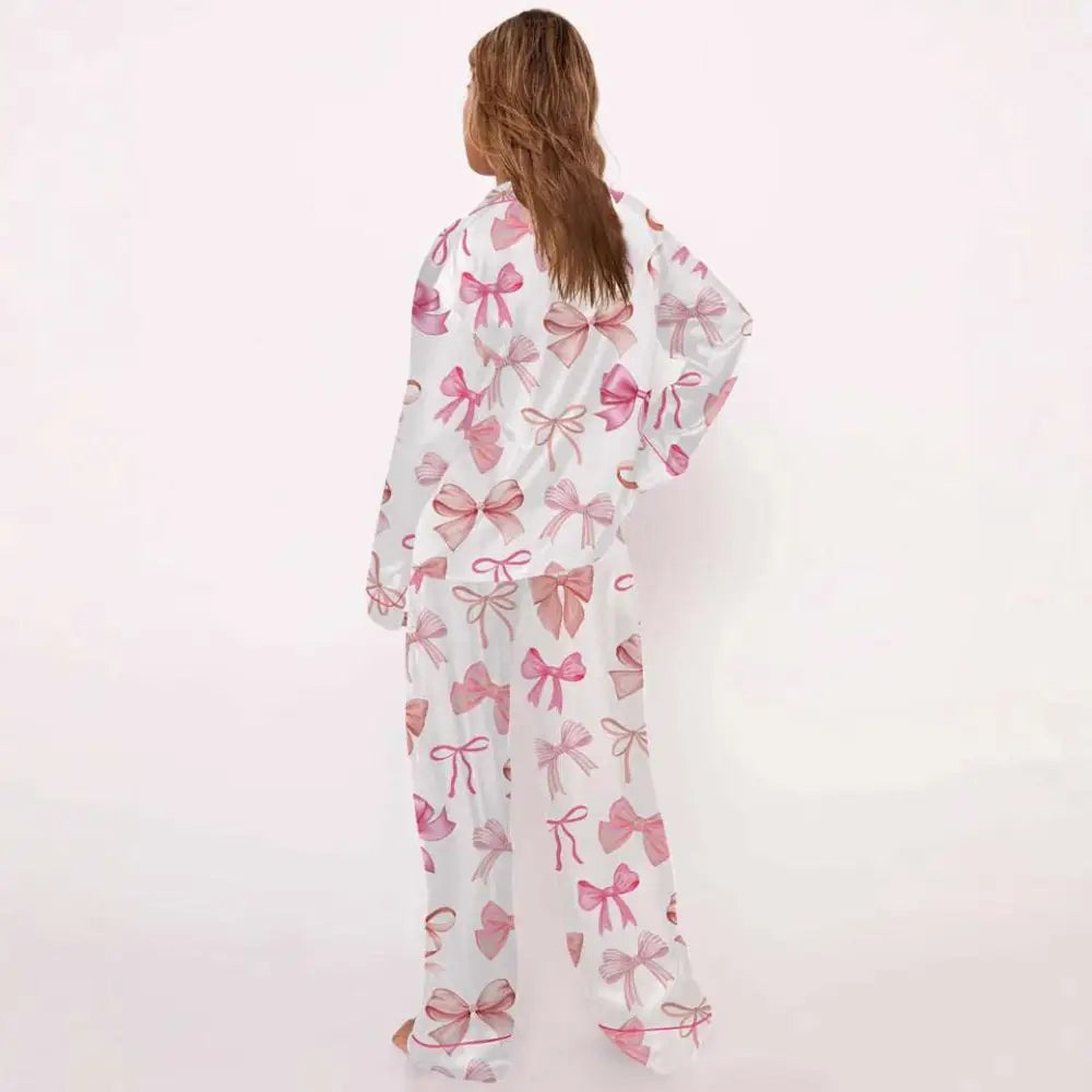 Pink Bow Print Long-sleeve Pyjama Suit