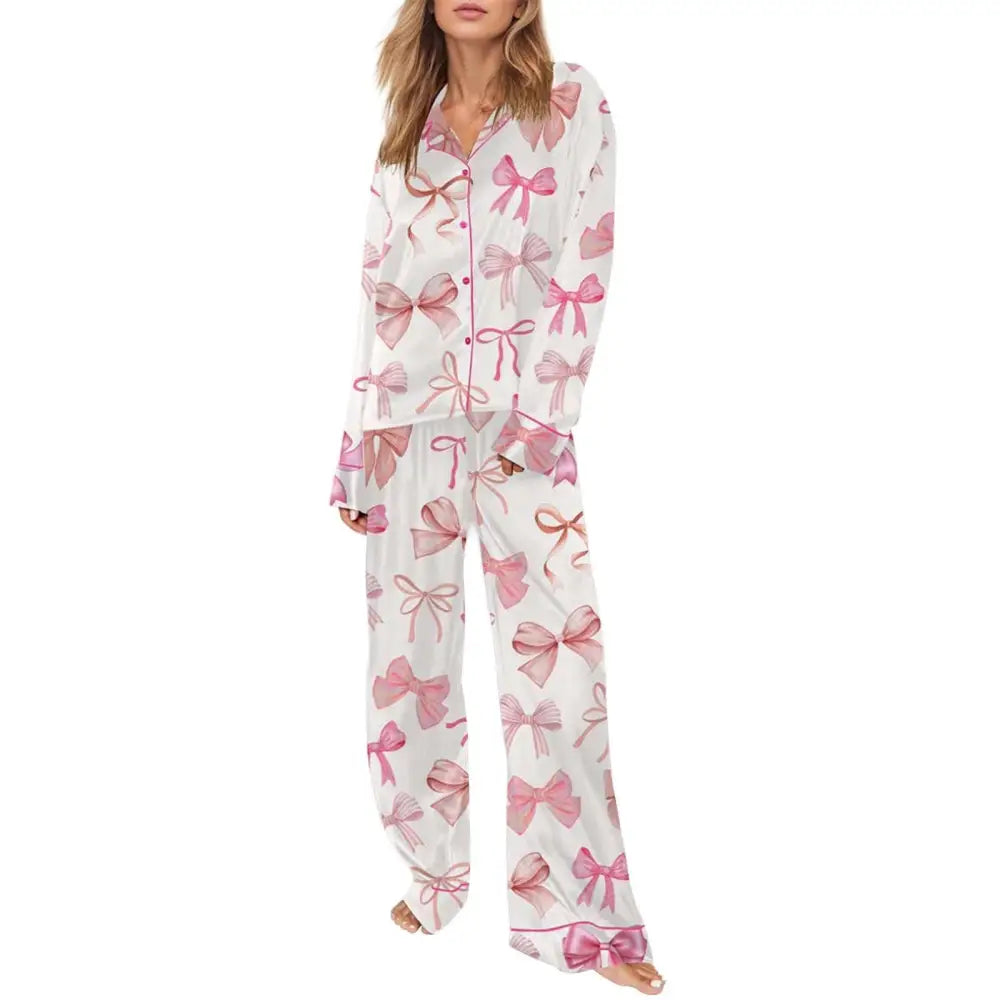 Pink Bow Print Long-sleeve Pyjama Suit