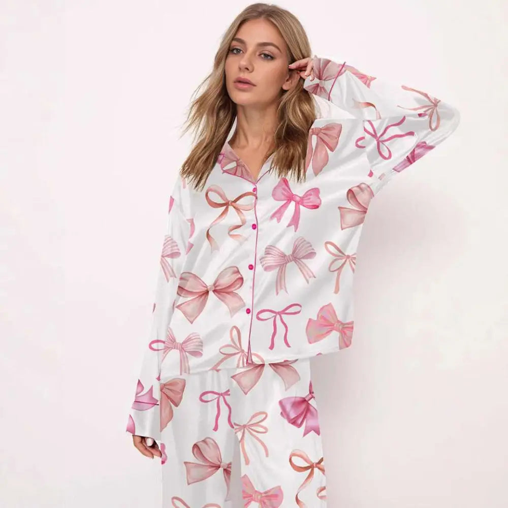 Pink Bow Print Long-sleeve Pyjama Suit