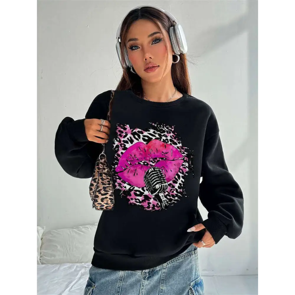 Pink Lips Graphic Crew Neck Sweatshirt