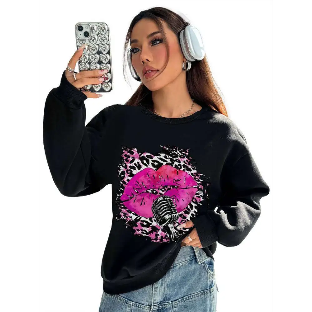 Pink Lips Graphic Crew Neck Sweatshirt