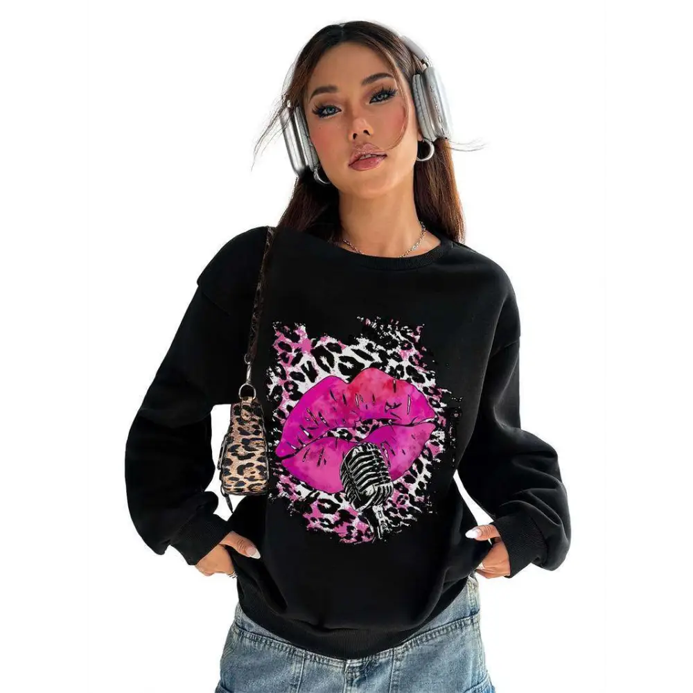 Pink Lips Graphic Crew Neck Sweatshirt