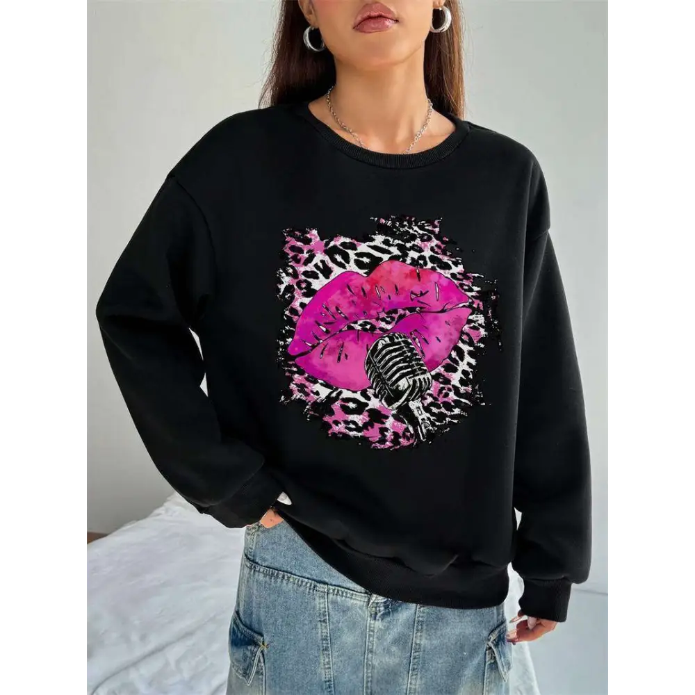 Pink Lips Graphic Crew Neck Sweatshirt