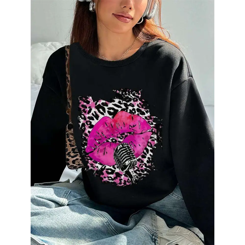 Pink Lips Graphic Crew Neck Sweatshirt