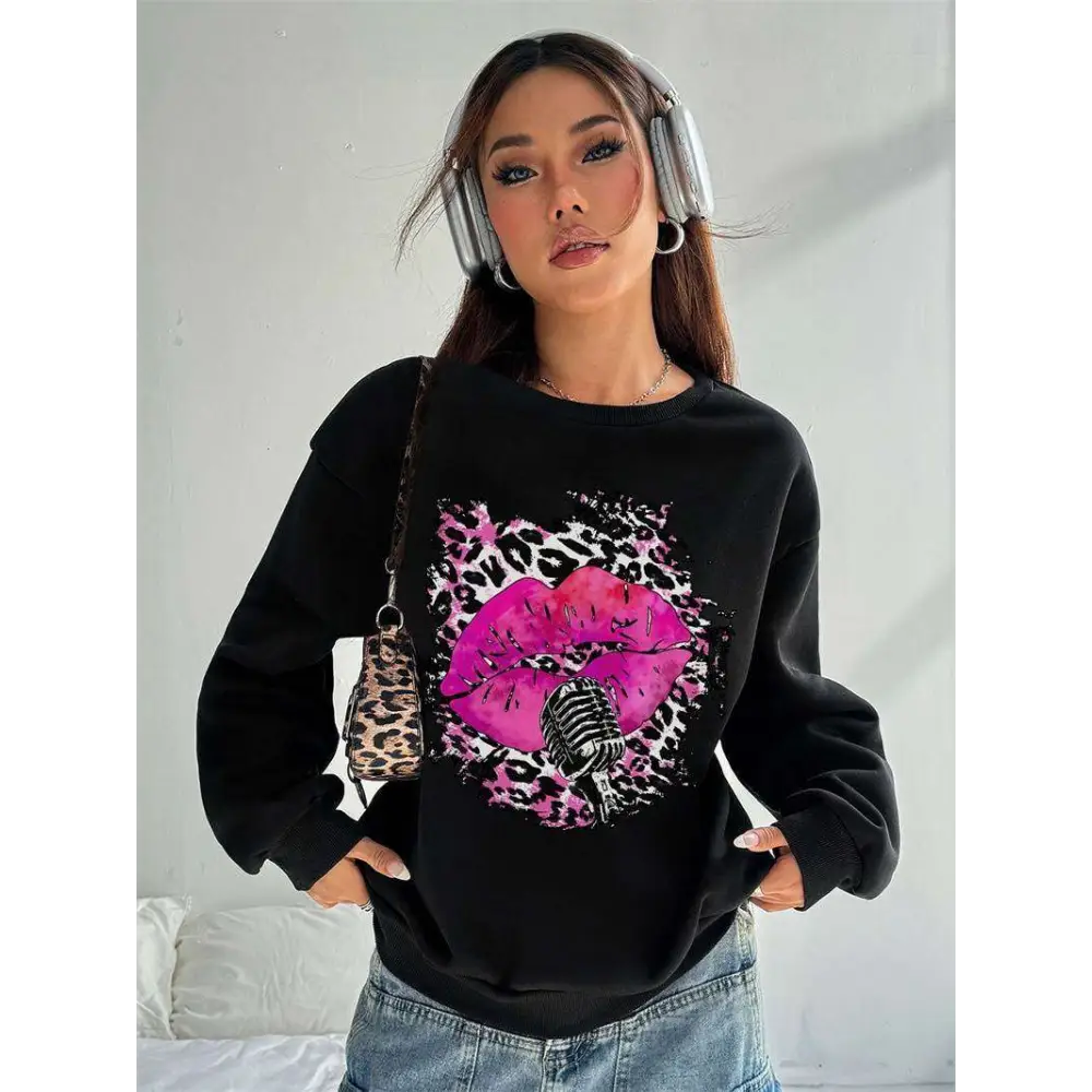 Pink Lips Graphic Crew Neck Sweatshirt