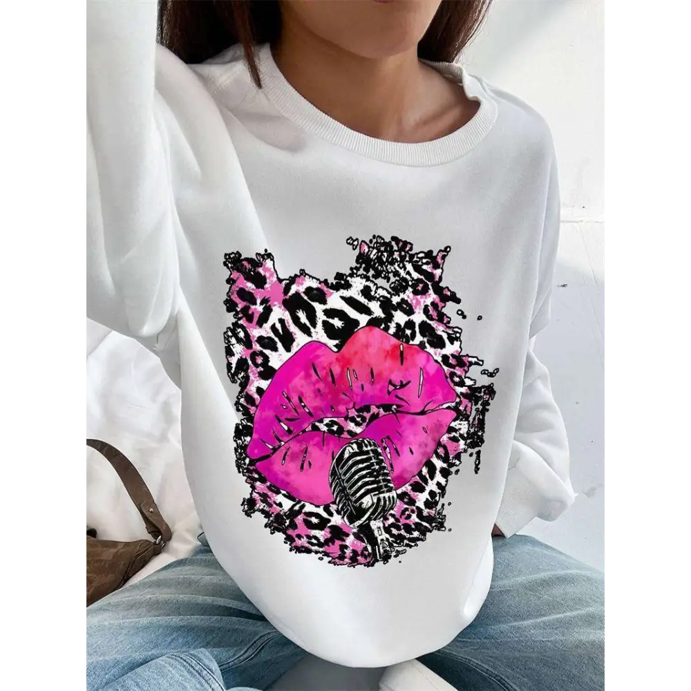 Pink Lips Graphic Crew Neck Sweatshirt