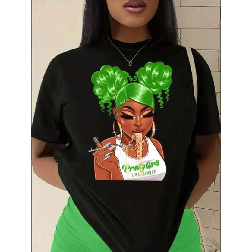 Pretty Girls Love Noodles Portrait Print Crew Neck