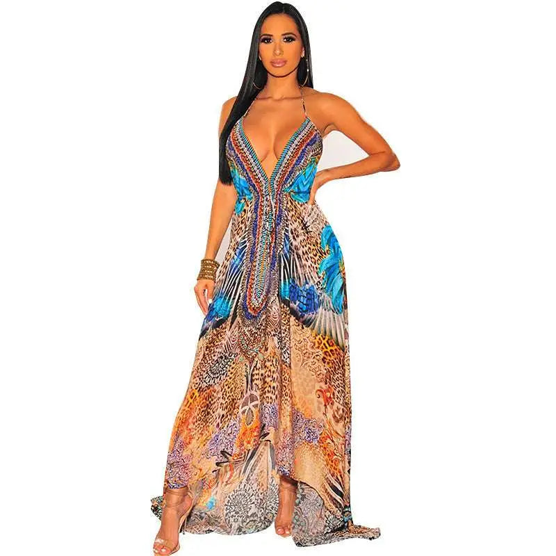 Retro Pattern V Neck Sexy Halter Dress