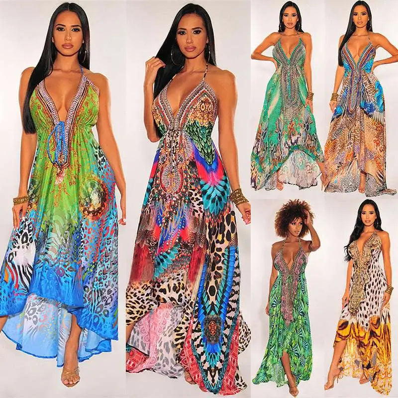 Retro Pattern V Neck Sexy Halter Dress