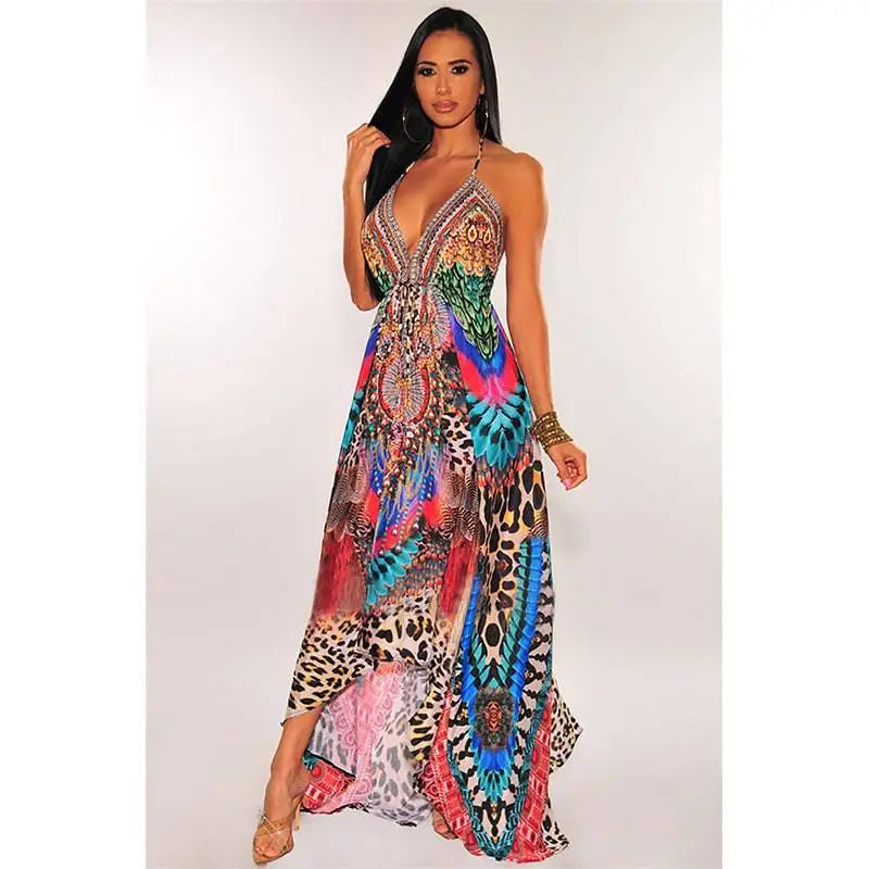 Retro Pattern V Neck Sexy Halter Dress