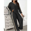 Ribbed Knit Striped Wide Leg Pants Two Piece Set