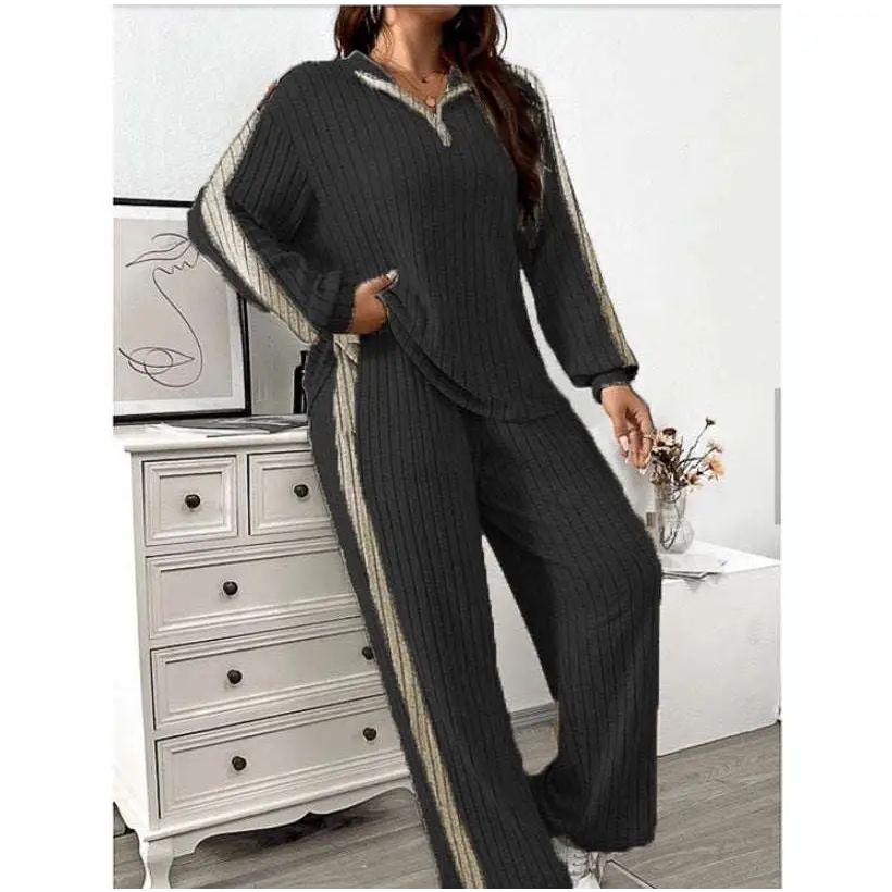 Ribbed Knit Striped Wide Leg Pants Two Piece Set