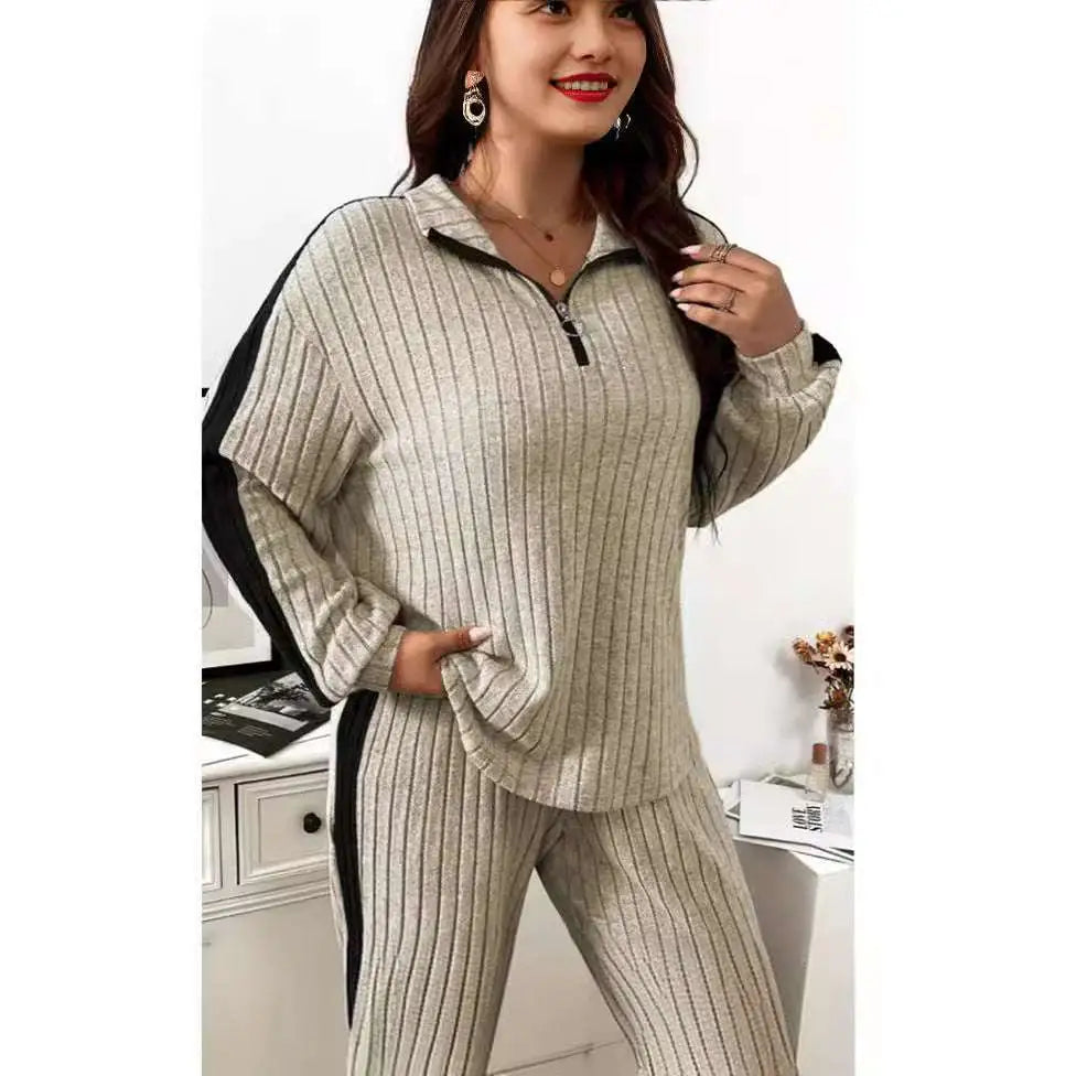 Ribbed Knit Striped Wide Leg Pants Two Piece Set