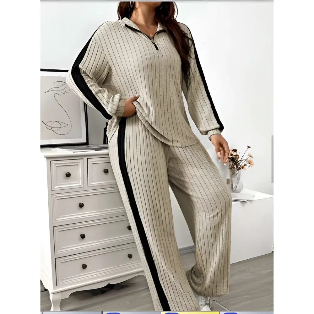 Ribbed Knit Striped Wide Leg Pants Two Piece Set