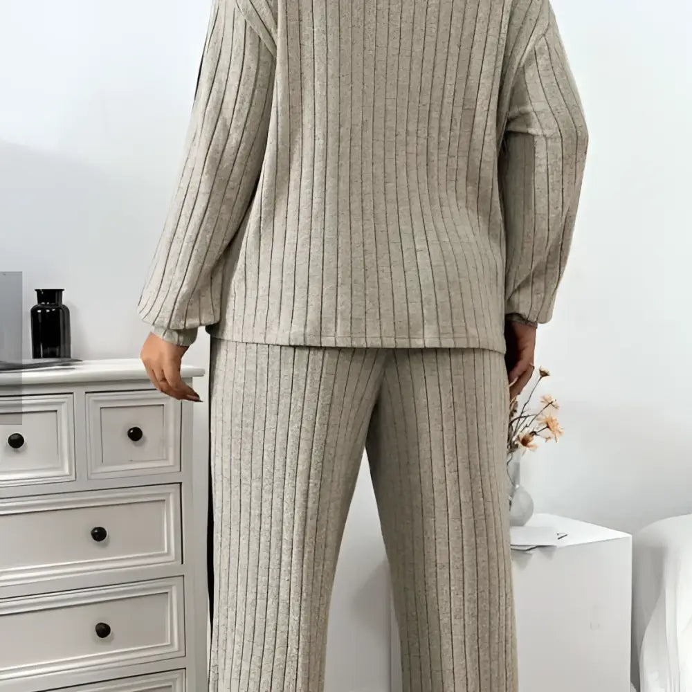 Ribbed Knit Striped Wide Leg Pants Two Piece Set