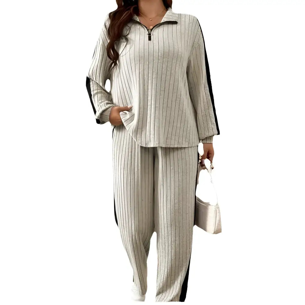Ribbed Knit Striped Wide Leg Pants Two Piece Set